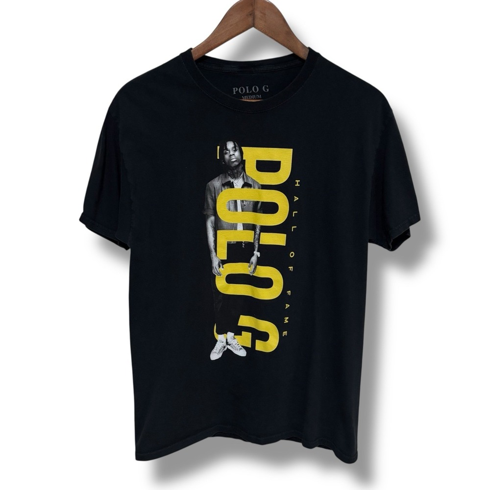 Polo G Shirt Men's Rap Tee Hip Hop Hall Of Fame Script Black Yellow Size M 18x27